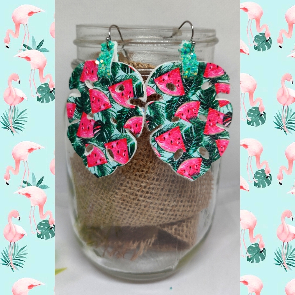 3/$20 Monstera Leaf Watermelon Leather earrings